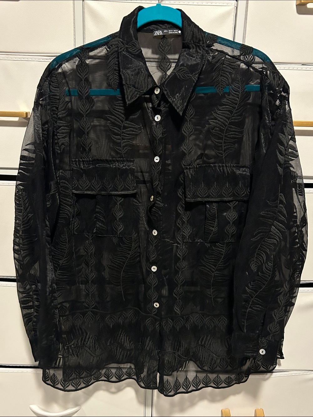 Zara Black Sheer Embroidered Button-Down Shirt